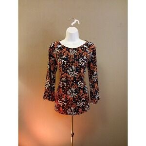 MICHAEL KORS Navy Floral Top Size Petite S Long Sleeves with Ties Beautiful